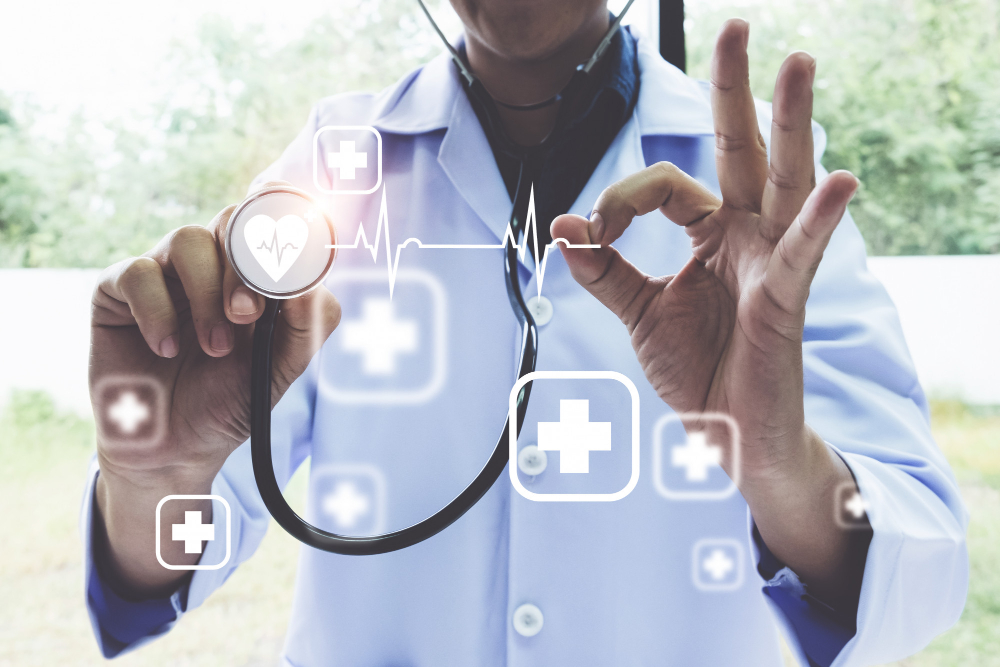 Black medical professional with tablet in modern clinic